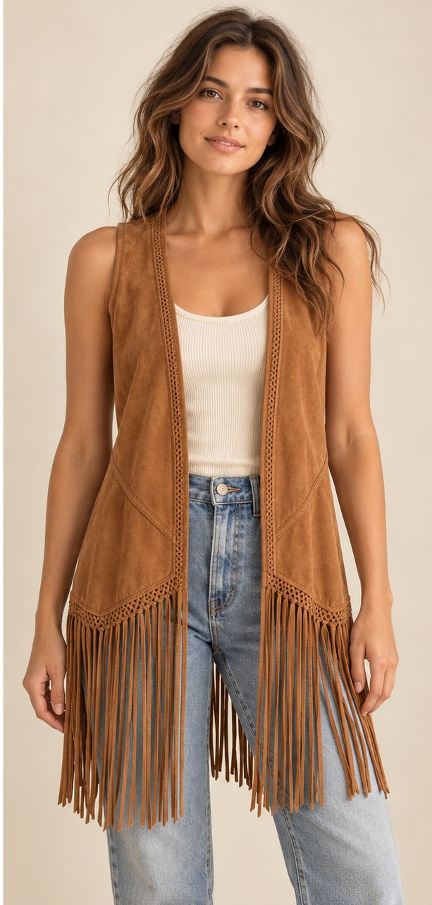Canyon Rhythm Fringe Vest worn as a layer