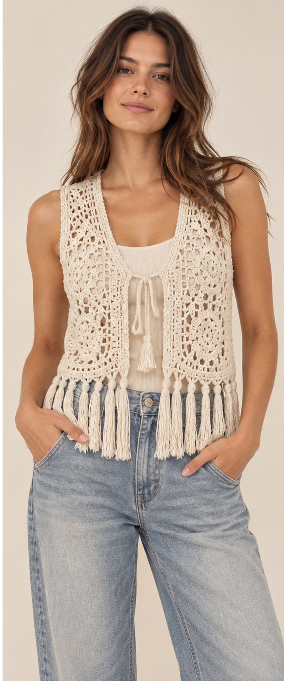 Ivory Echo Fringe Vest worn as a layer