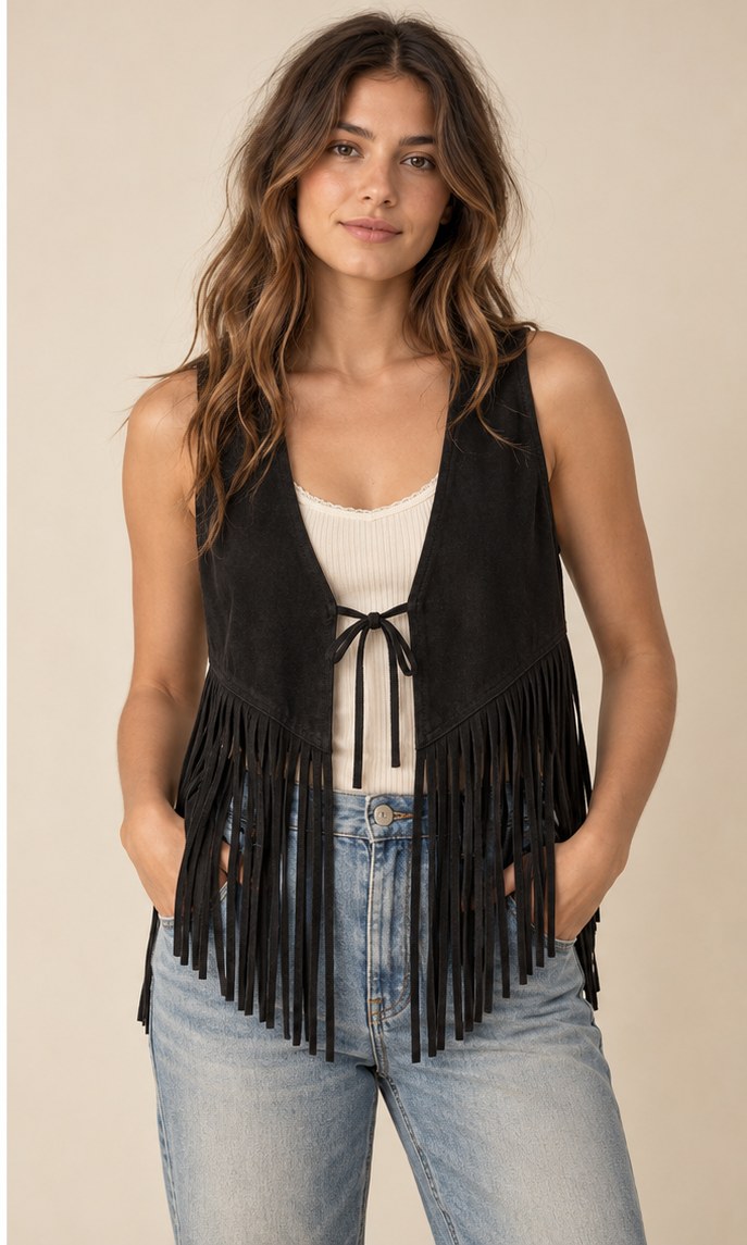 Midnight Mesa Fringe Vest worn as a layer