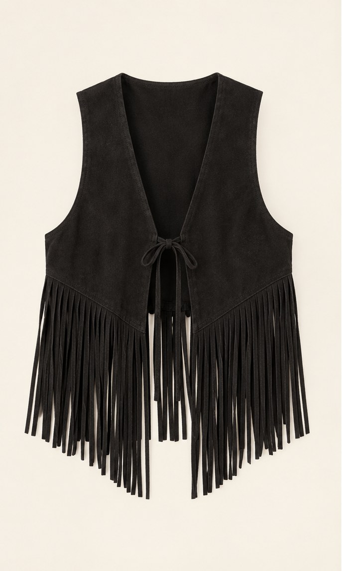 Black Midnight Mesa Fringe Vest, full front view