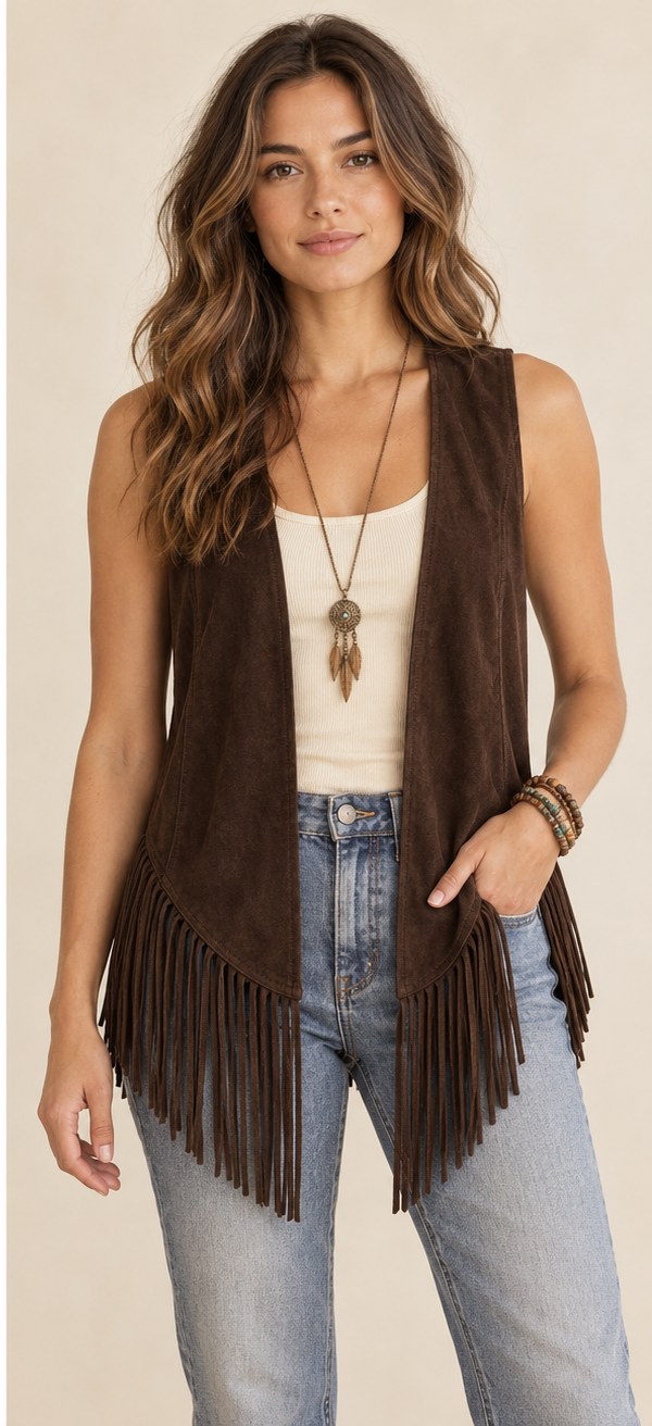 Moonlit Wander Fringe Vest worn as a layer