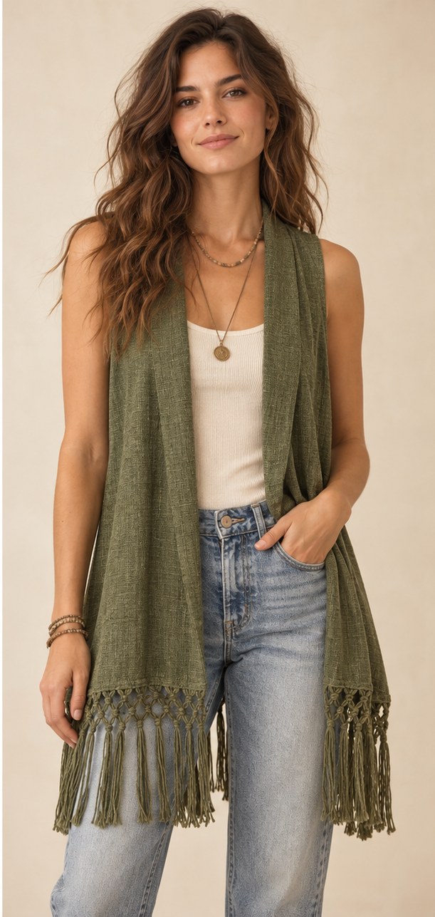 Olive Nomad Fringe Vest worn as a layer