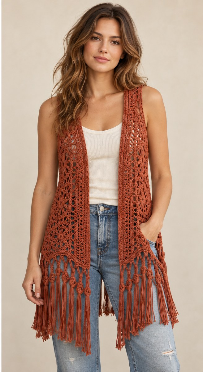 Sienna Sun Fringe Vest worn as a layer