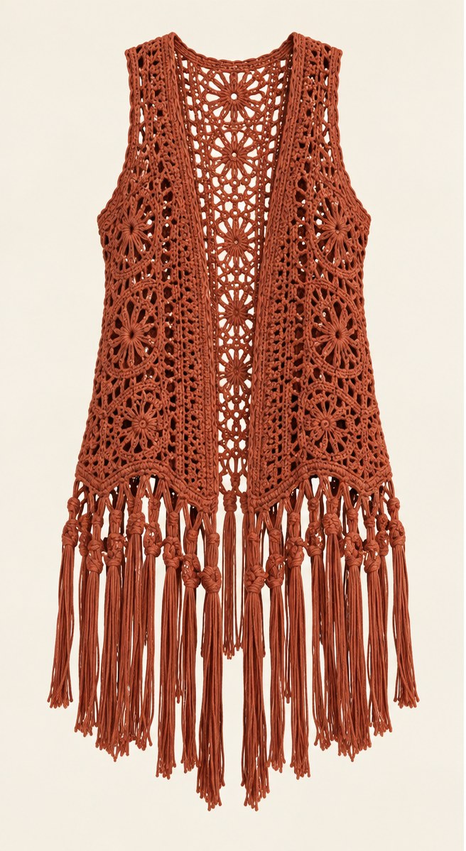 Rust Sienna Sun Fringe Vest, full front view